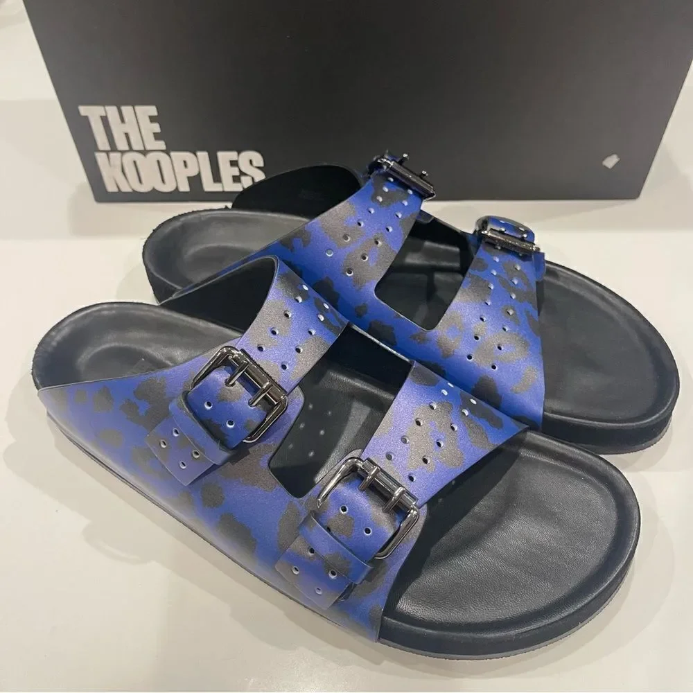 THE KOOPLES BLUE LEATHER LEOPARD-PRINT SANDALS NIB size 41